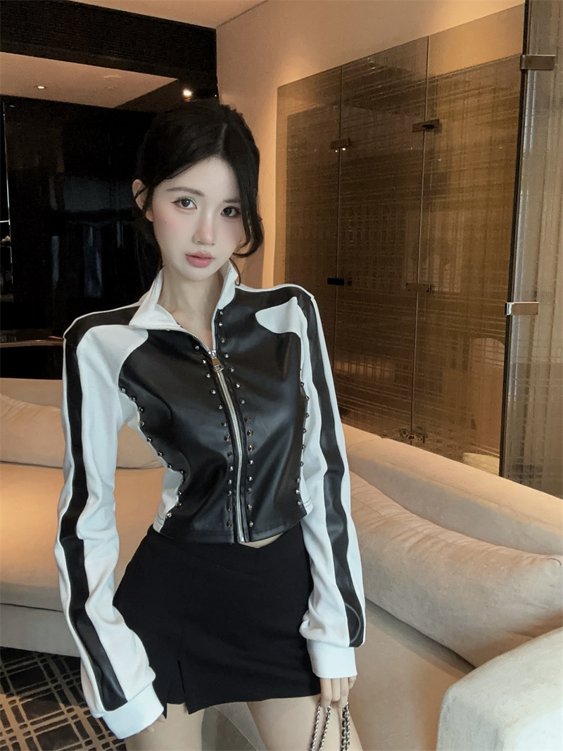 2025 Fall American Hot Girl Stand Collar Long Sleeve Striped Color Block Zip Jacket Slim Fit T-Shirt