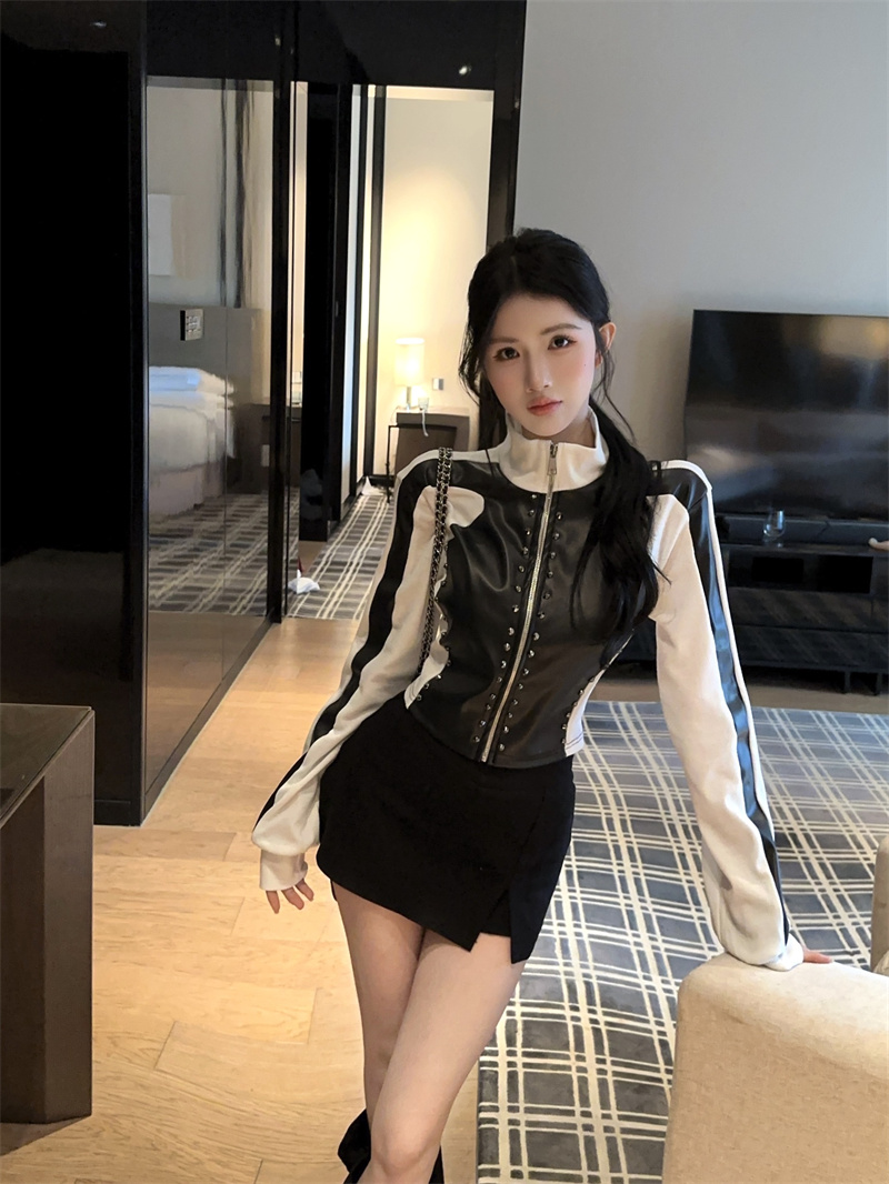 2025 Fall American Hot Girl Stand Collar Long Sleeve Striped Color Block Zip Jacket Slim Fit T-Shirt - Image 2