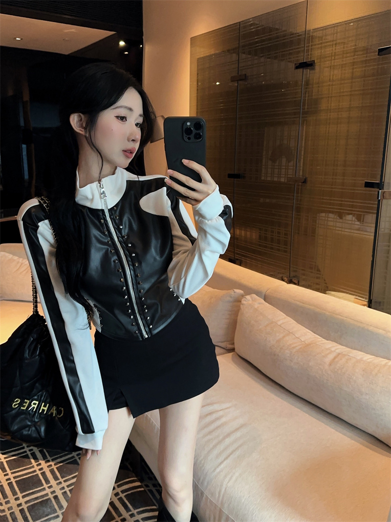 2025 Fall American Hot Girl Stand Collar Long Sleeve Striped Color Block Zip Jacket Slim Fit T-Shirt - Image 3