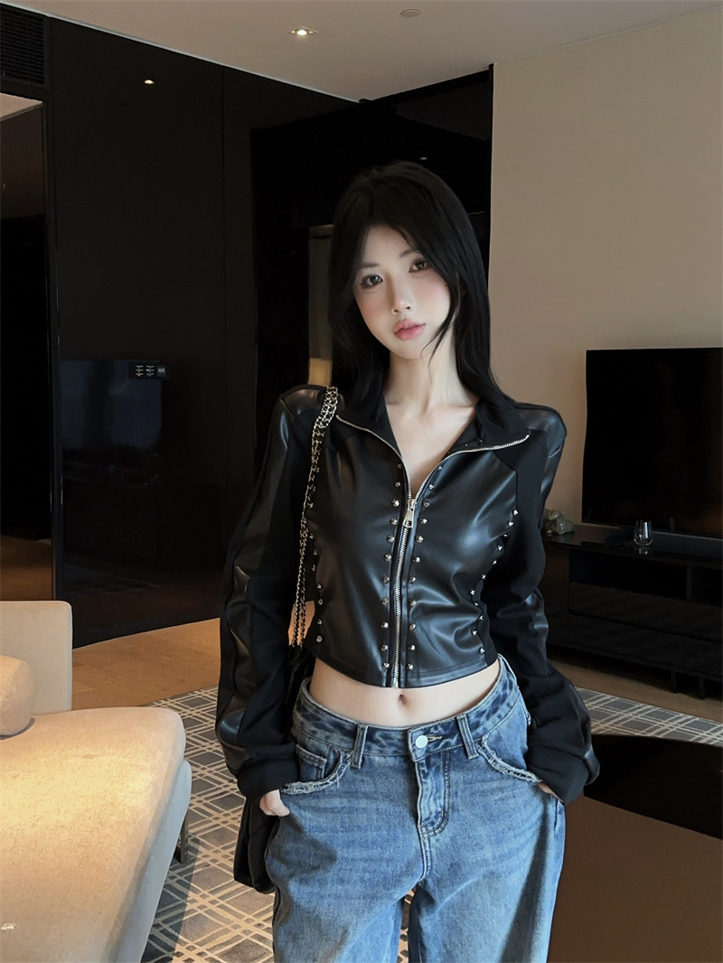 2025 Fall American Hot Girl Stand Collar Long Sleeve Striped Color Block Zip Jacket Slim Fit T-Shirt - Image 4