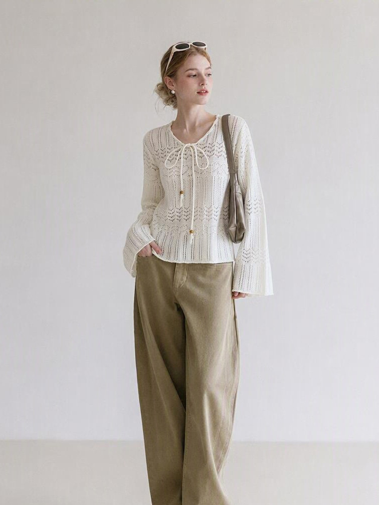 2026 Autumn French Lazy Loose Hollow Crochet Long Sleeve Knit Top for Women - Image 3