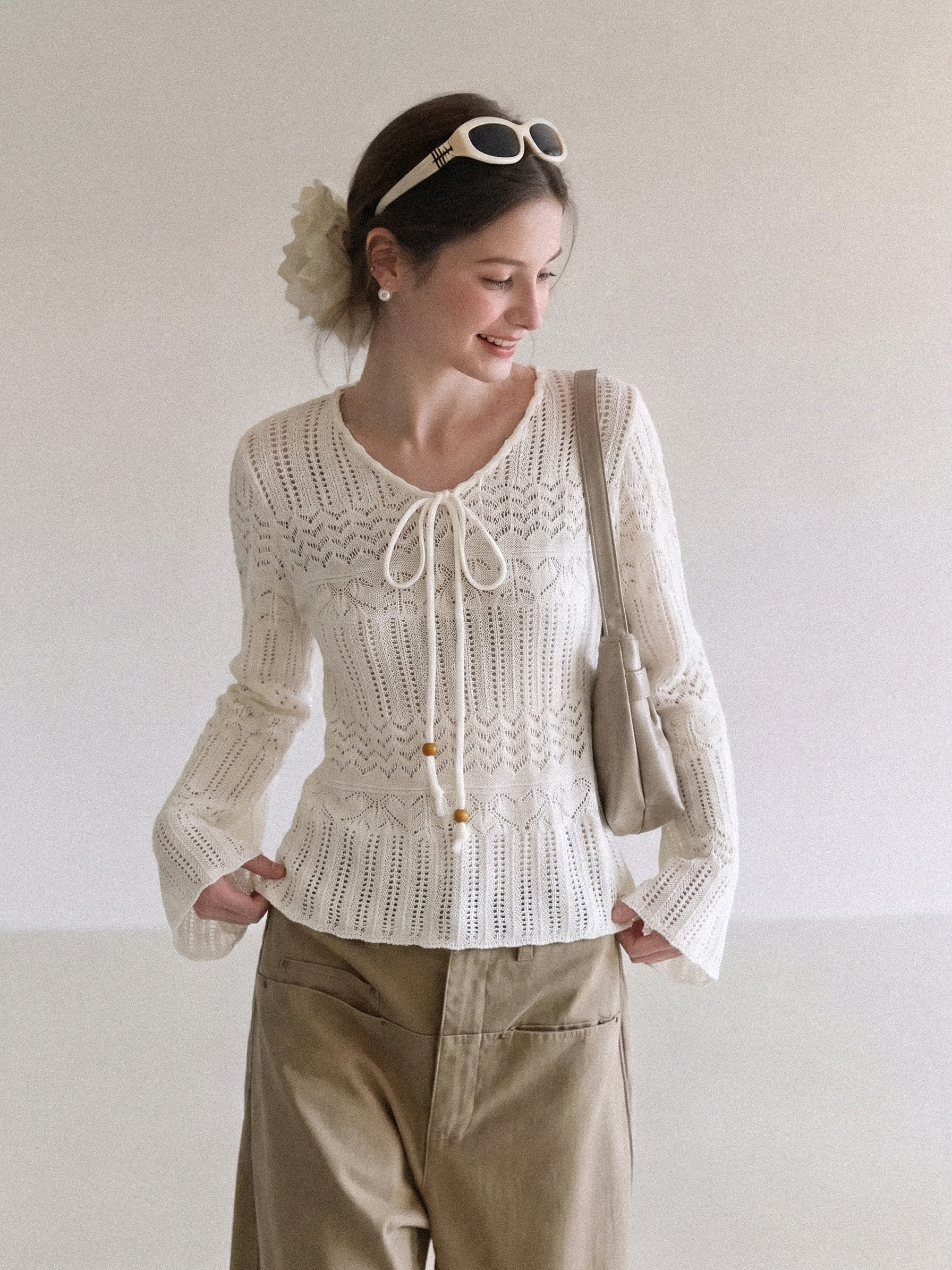 2026 Autumn French Lazy Loose Hollow Crochet Long Sleeve Knit Top for Women - Image 4