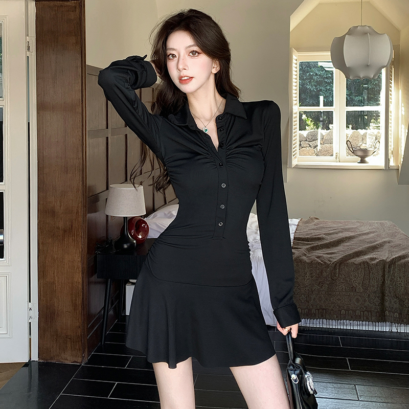 2026 Autumn Winter New Slimming Black Polo Neck Cinched Waist Hot Girl Long Sleeve Dress Korean Style Fitted Hip Skirt