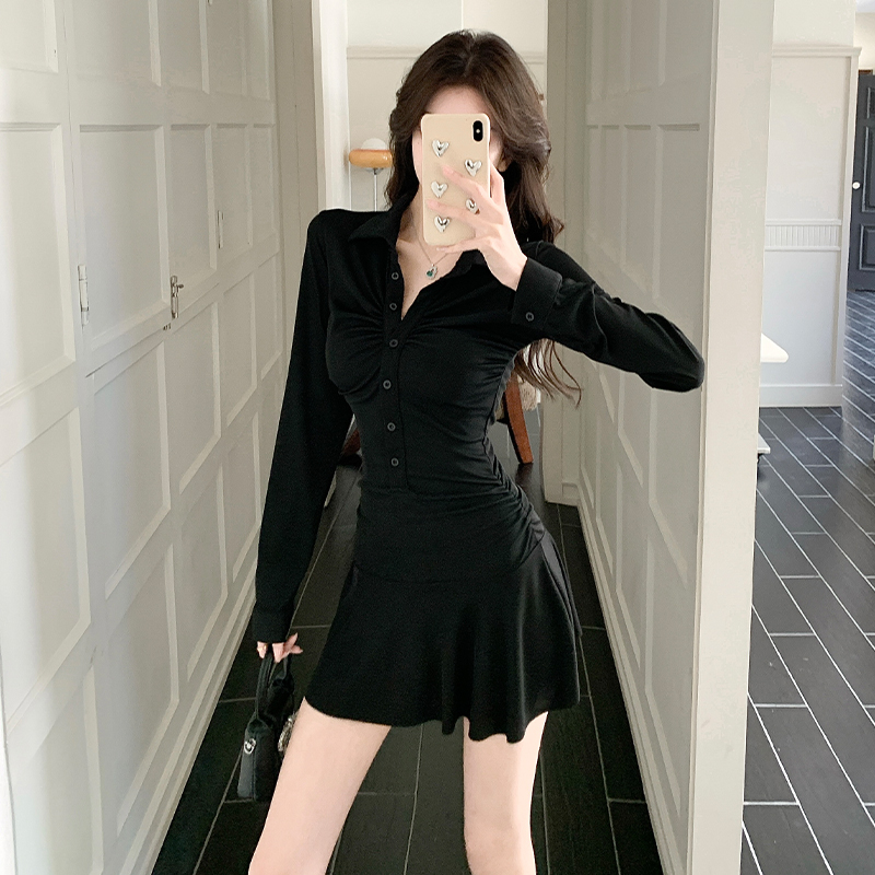 2026 Autumn Winter New Slimming Black Polo Neck Cinched Waist Hot Girl Long Sleeve Dress Korean Style Fitted Hip Skirt - Image 2