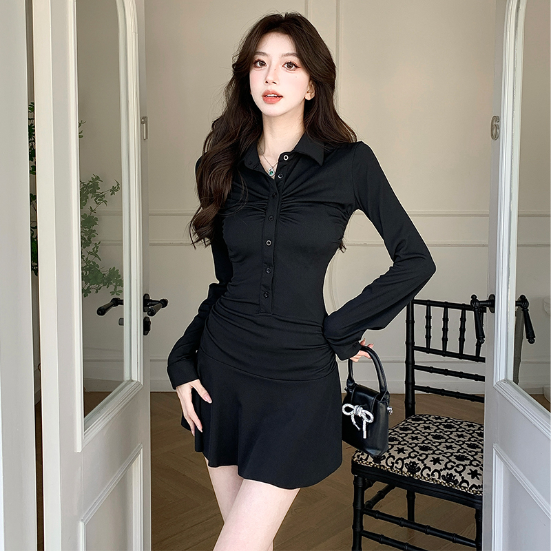 2026 Autumn Winter New Slimming Black Polo Neck Cinched Waist Hot Girl Long Sleeve Dress Korean Style Fitted Hip Skirt - Image 3