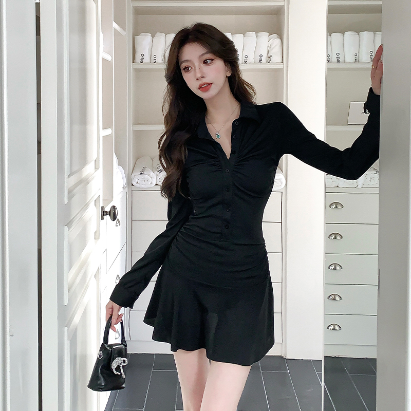 2026 Autumn Winter New Slimming Black Polo Neck Cinched Waist Hot Girl Long Sleeve Dress Korean Style Fitted Hip Skirt - Image 4