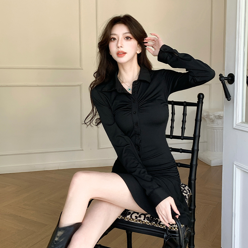 2026 Autumn Winter New Slimming Black Polo Neck Cinched Waist Hot Girl Long Sleeve Dress Korean Style Fitted Hip Skirt - Image 5