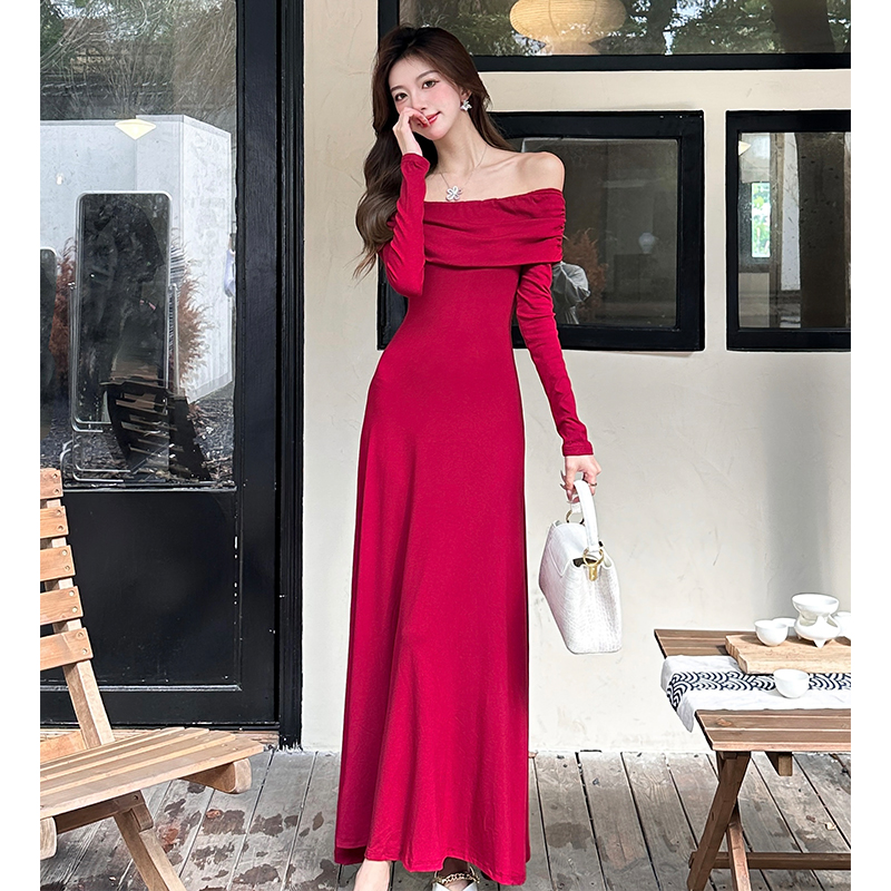 2026 Autumn Winter Off-Shoulder Long Sleeve Slim Fit Vintage French Style Maxi Dress - Image 5