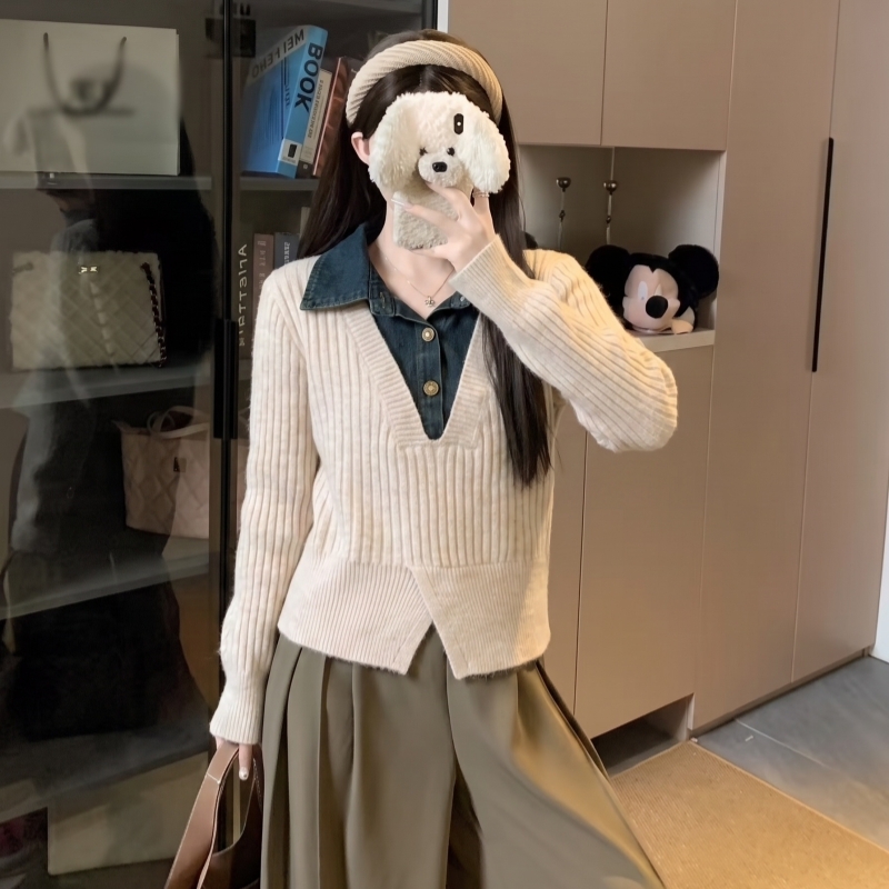 2026 Fall Collared Denim Spliced Slit Slimming Knit Sweater Top