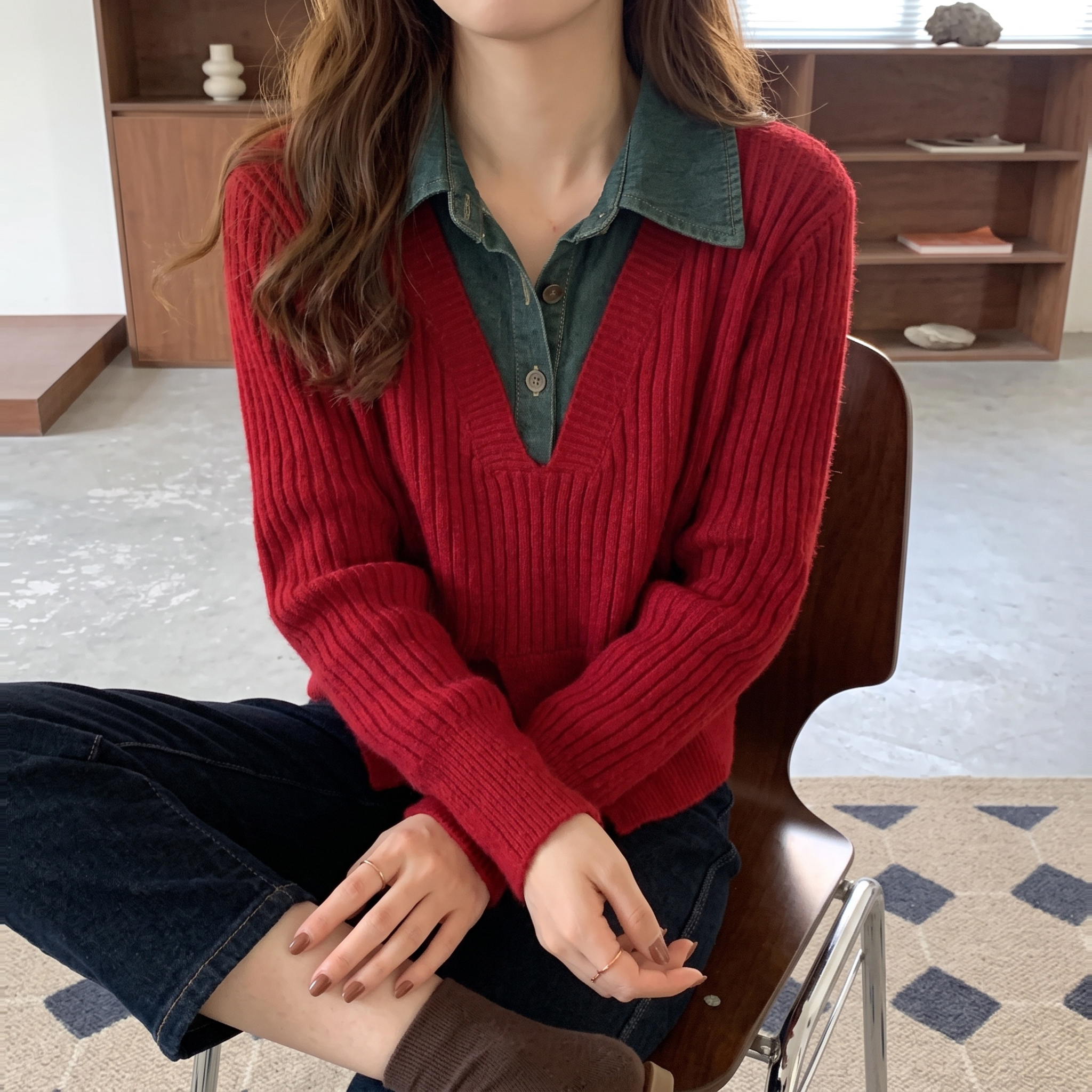 2026 Fall Collared Denim Spliced Slit Slimming Knit Sweater Top - Image 2