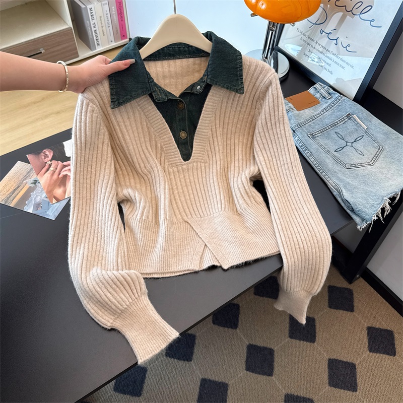 2026 Fall Collared Denim Spliced Slit Slimming Knit Sweater Top - Image 3