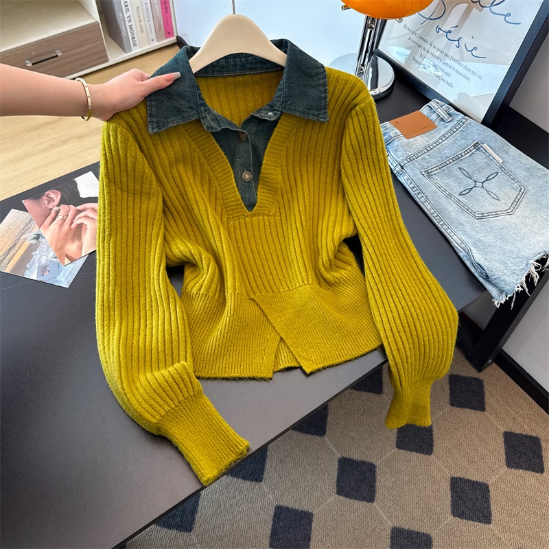 2026 Fall Collared Denim Spliced Slit Slimming Knit Sweater Top - Image 4