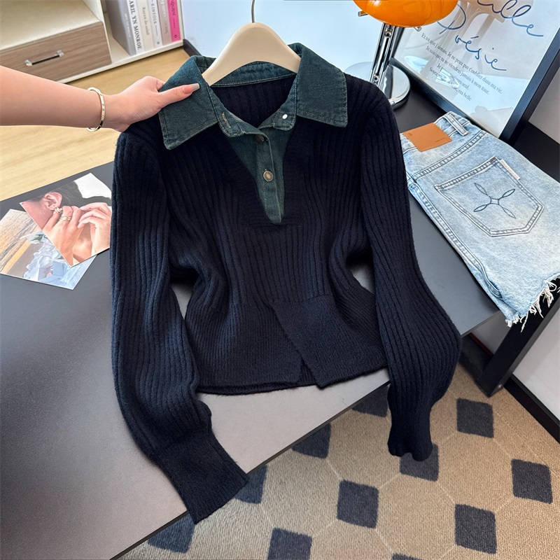 2026 Fall Collared Denim Spliced Slit Slimming Knit Sweater Top - Image 5
