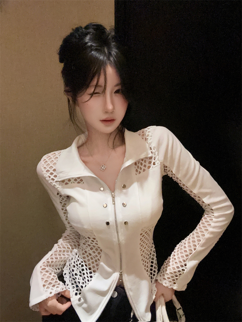 Women's Knit Mesh Patchwork Zip Cardigan Top Fall Long Sleeve