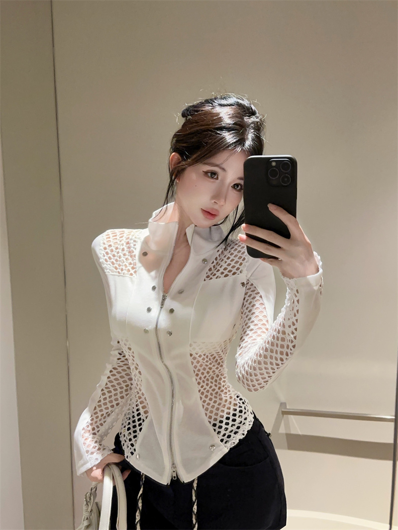 Women's Knit Mesh Patchwork Zip Cardigan Top Fall Long Sleeve - Image 2