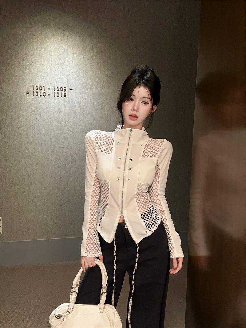Women's Knit Mesh Patchwork Zip Cardigan Top Fall Long Sleeve - Image 3