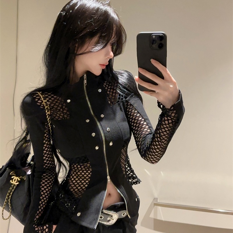 Women's Knit Mesh Patchwork Zip Cardigan Top Fall Long Sleeve - Image 5